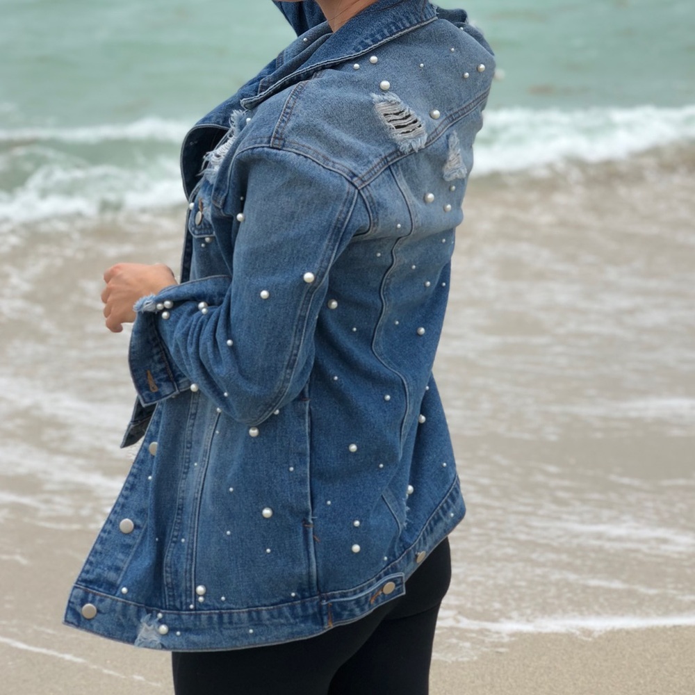 Zara Blue Denim Jacket with Pearl Accents